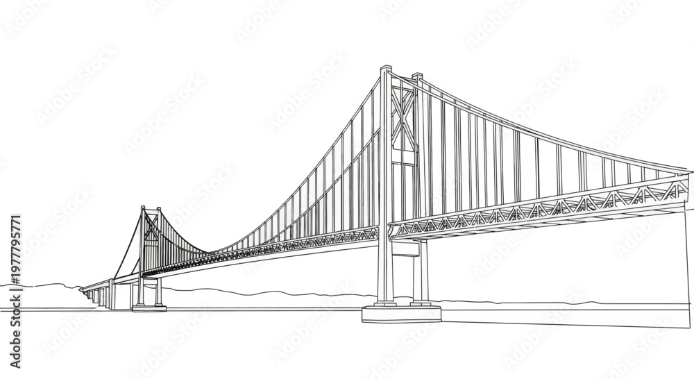Fototapeta premium Ink sketch of a long suspension bridge arching over water with distant hills