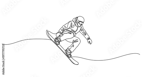 Continuous line drawing of a snowboarder in motion on a snowy slope