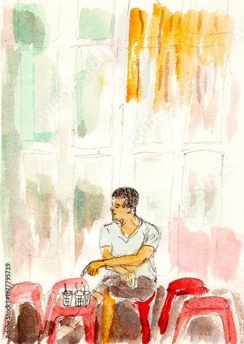 Original Hand-Painted Watercolor Sketch Man Sitting Pensive on a Red Plastic Chair