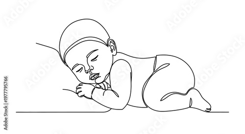 Minimalist line art of a sleeping baby on its stomach, peaceful repose