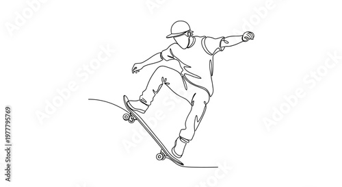 Single line drawing of a skateboarder performing a trick on a ramp