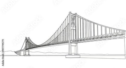 Ink sketch of a long suspension bridge arching over water with distant hills