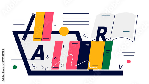 A colorful vector graphic of books and letters in a creative design