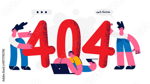 A vector graphic illustration of a 404 error page with cartoon people