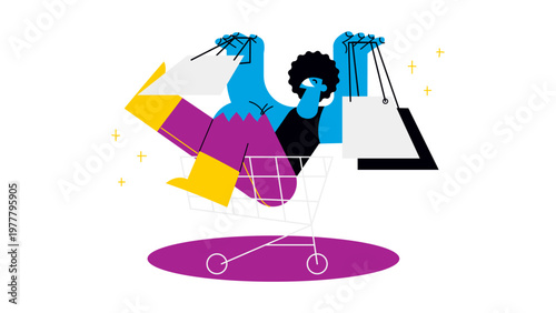 A vibrant illustration of a person happily sitting in a shopping cart with bags