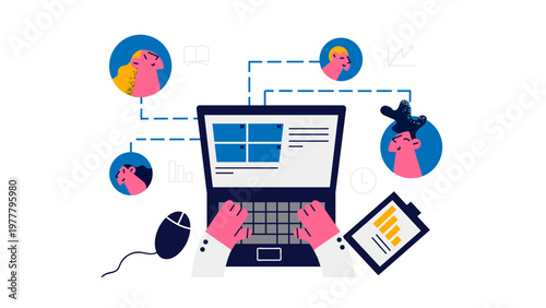 A vector graphic illustration of a person working on a laptop with connected people