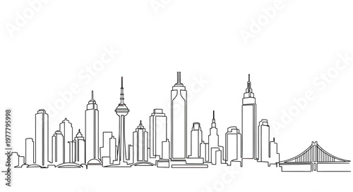 A minimalist black and white line art depiction of a bustling city skyline with diverse architectural structures