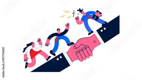 A vector graphic illustration of a giant hand helping people in distress