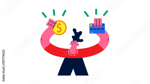 A cartoon man holding a credit card and a dollar coin in a celebratory pose