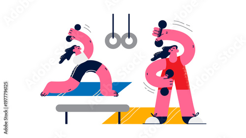 A vector graphic illustration of two people exercising with dumbbells and gym equipment