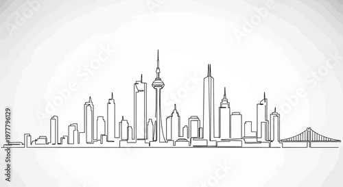 A minimalist line art depiction of a sprawling city skyline with diverse buildings and a bridge