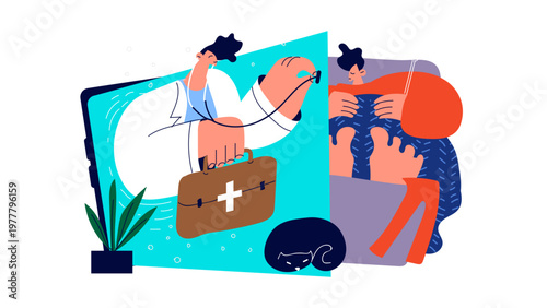 A vector graphic illustration of a doctor consulting a patient remotely on a laptop