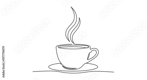 Minimalist line drawing of a steaming cup of coffee on a saucer