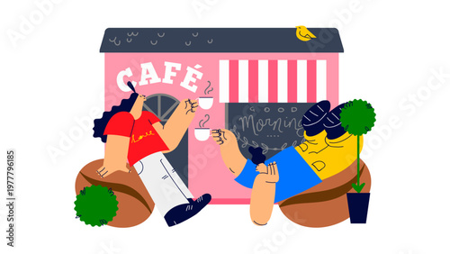 A colorful illustration of two people relaxing outside a pink cafe