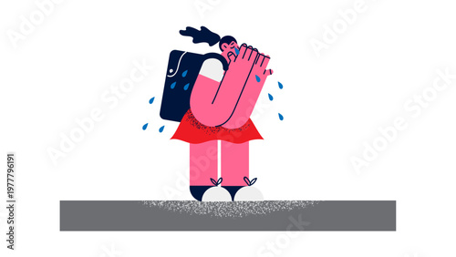 A cartoon girl crying and covering her face with her hands under the rain