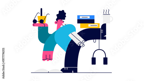 A colorful vector illustration of a person working remotely with technology