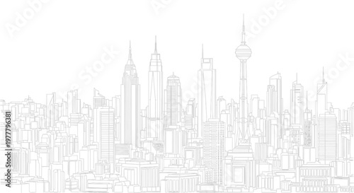 Monochrome skyline with diverse high-rise buildings depicted in a line art style