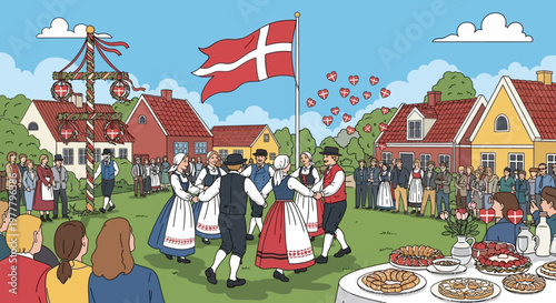Danish Midsummer Festival Celebration with Flag Dancing and Traditional Costumes