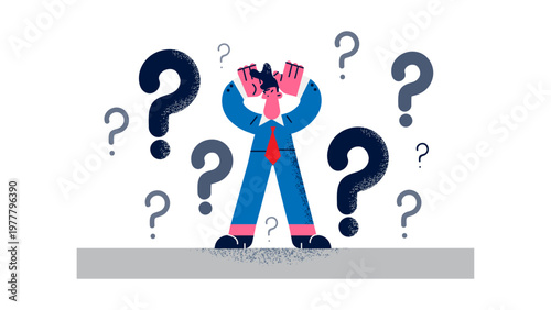 A frustrated businessman surrounded by question marks in a vector illustration