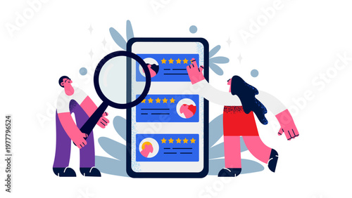 A vector graphic illustration of people reviewing ratings on a smartphone
