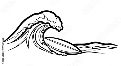 A black and white drawing of a surfboard riding a wave