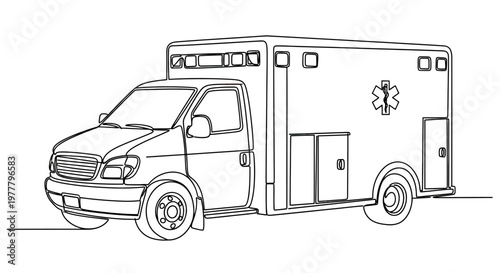 Single-line drawing of a medical transport vehicle with emergency star emblem