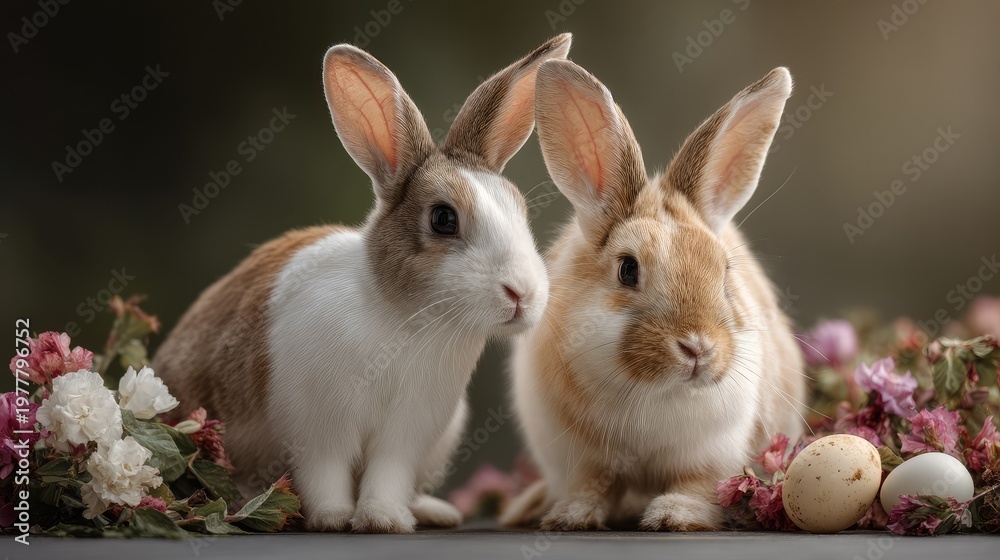 Fototapeta premium Adorable rabbits surrounded by flowers and Easter eggs in a serene setting, perfect for spring photography and seasonal celebrations