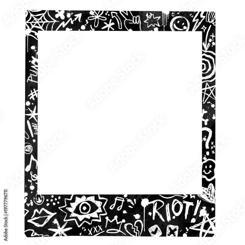 Punk style grunge frame doodle scribbled illustration square black and white color 