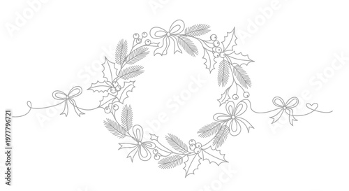 Delicate line drawing of a circular wreath with pine, holly, berries, and bows