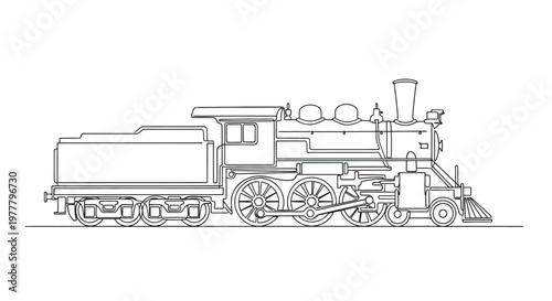 Black line drawing of a classic steam locomotive with tender on a white background