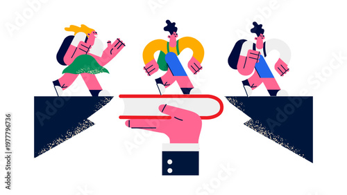 A vector graphic illustration of a hand holding a magnet attracting people