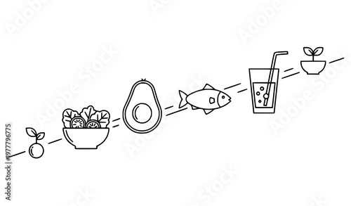 Healthy food outline icons diagonal layout salad avocado fish juice and plant vector set