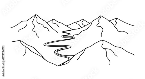 Minimalist illustration of a winding river flowing through a mountain range