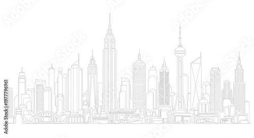 A minimalistic, grey outline sketch of a city skyline with varied architectural structures