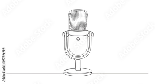 Vintage microphone on a stand, rendered in a simple, clean line art style