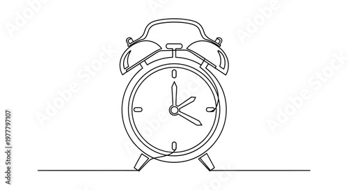 Single-line drawing of a classic alarm clock showing approximately ten past ten
