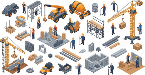Set of Construction Site Illustrations Featuring Workers, Heavy Machinery, Building Materials, Cranes, and Industrial Construction Activities