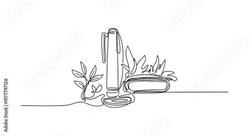 Minimalist ink drawing of a pen with plant and abstract shapes