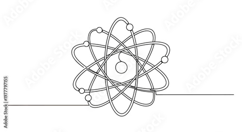 Stylized atom structure with orbiting electrons and nucleus