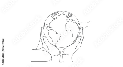 Two hands cradling a globe, drawn in a single continuous line