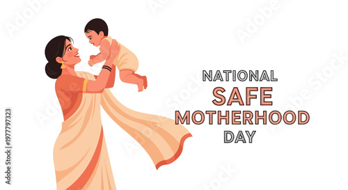 A mother lovingly holds her baby in a vector graphic designed for National Safe Motherhood Day, featuring soft colors and a minimalist background, celebrating maternal health awareness