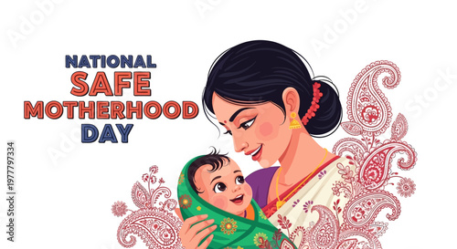 A tender vector illustration celebrates National Safe Motherhood Day, depicting a mother lovingly cradling her baby against a backdrop of paisley patterns, conveying maternal health