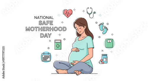 A pregnant woman sits in a meditative pose surrounded by vector icons representing maternal health awareness for National Safe Motherhood Day, against a white backdrop with pastel colors