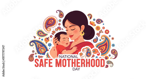 A mother tenderly cradles her baby in a vector illustration commemorating National Safe Motherhood Day, set against a clean white background adorned with paisley designs