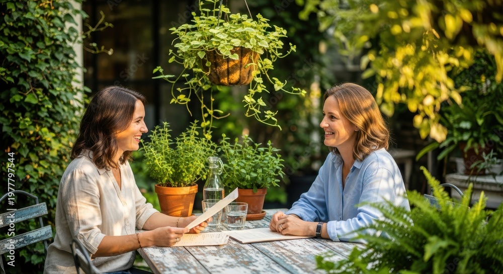 Obraz premium Two women collaborate on business documents while seated at an outdoor garden table.
