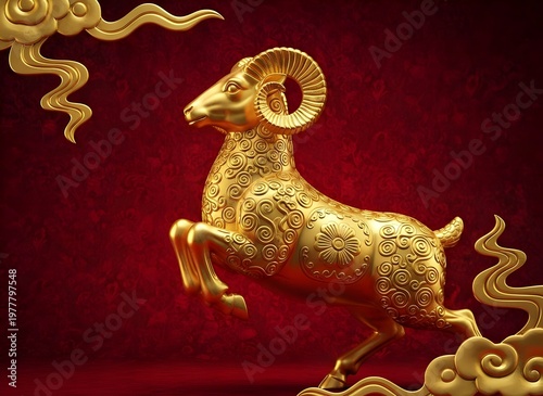 luxury red and gold chinese horse new year background 2027 new year with copy space for text celebrating the Chinese Zodiac, featuring a shimmering gold ram symbolizing with copy space 