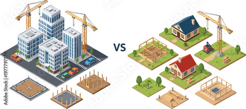Set of Construction Comparison Illustrations Featuring Urban Building Development vs Residential House Construction and Structural Workflow Stages