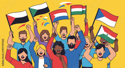 Diverse crowd celebrating with flags, unity, diversity, international, community, protest, festival