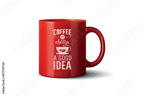 Vector 3d Realistic Red Coffee Mug Mockup with Vintage Typography Print. Ceramic Cup for Branding and Merch Design. Realistic 3d Vector Illustration Isolated
