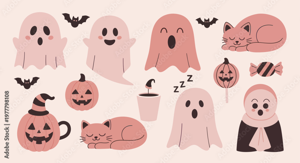 Fototapeta premium Cute Halloween Characters and Symbols Collection.